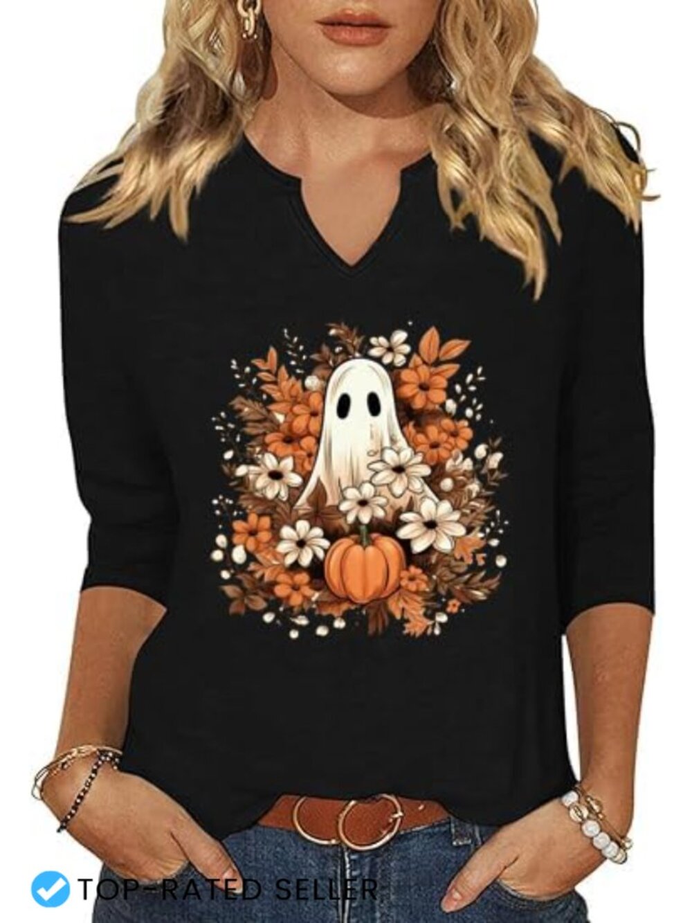 Women's 3/4 Sleeve Halloween Graphic Tee V-Neck Fall Party Top